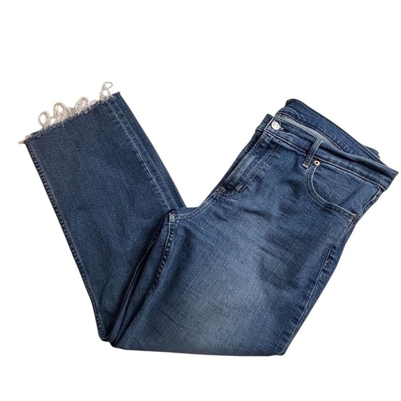 Gap women’s Slim Mid Rise Jeans Size 33 Size 16 Blue Dark Wash Frayed Hem - Picture 1 of 8